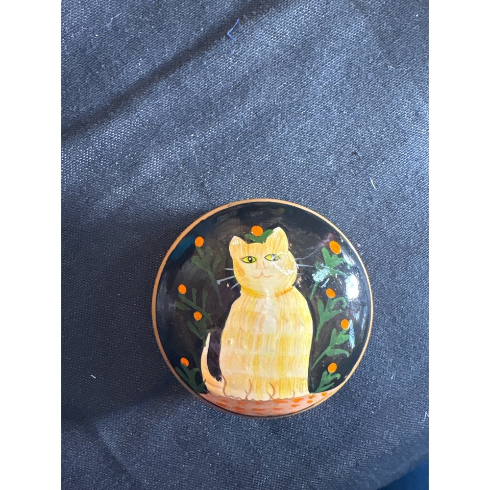 Hand Painted Round Trinket Box Cat Orange Flowers Decorative Accessory